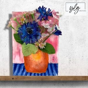 Floral Mixed Media Acrylic Painting Blue Pink Flowers Original 3D Art Folkart